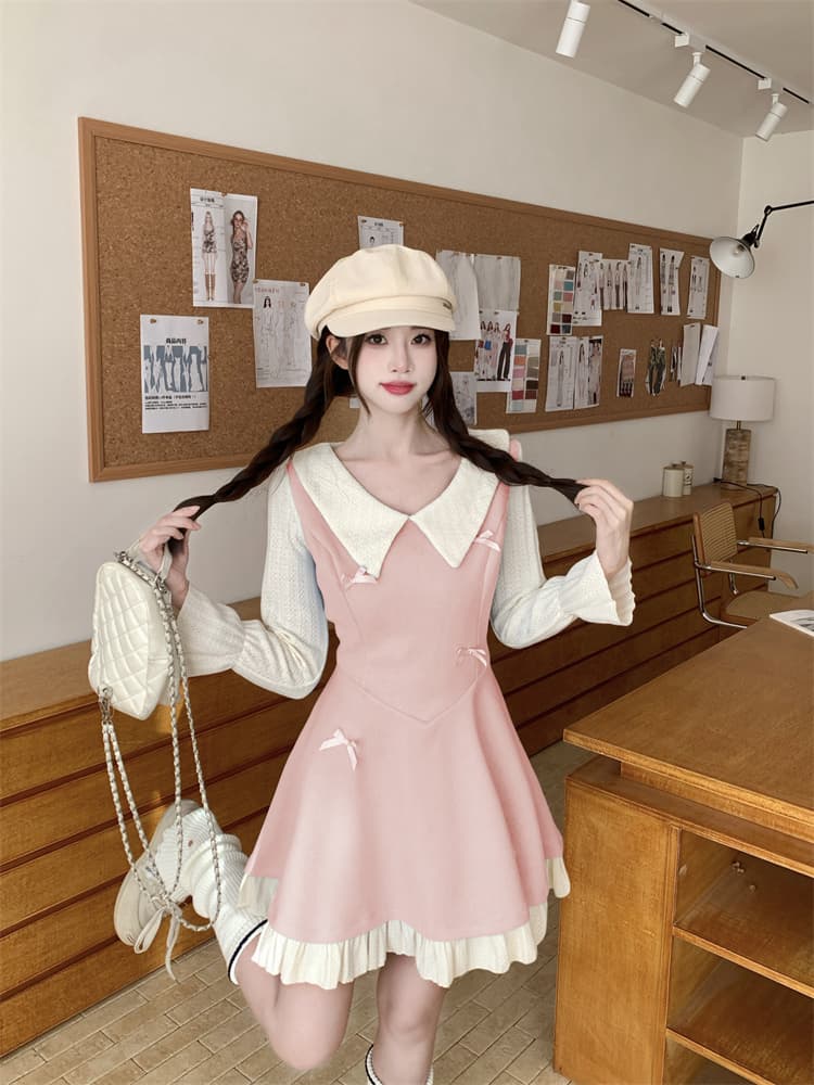 실사 지방 mm 가을 겨울 나비 매듭 베이비 칼라 긴팔 드레스 허리 수축 Pleat 측면 A라인 스커트 이미지 5
