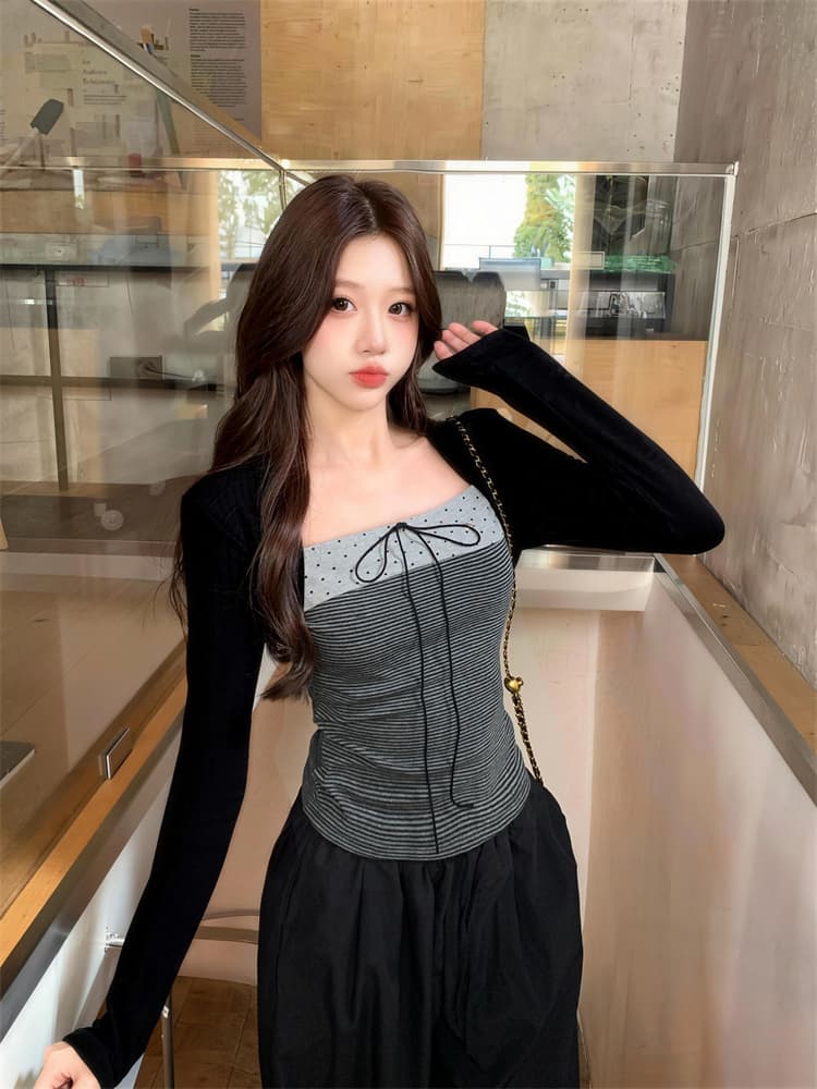 실사 핫걸 한 부서 배색 나비 넥타이 도트 무늬 요소 어깨 페이크 레이어드 맨위 티셔츠 여성 이미지 4