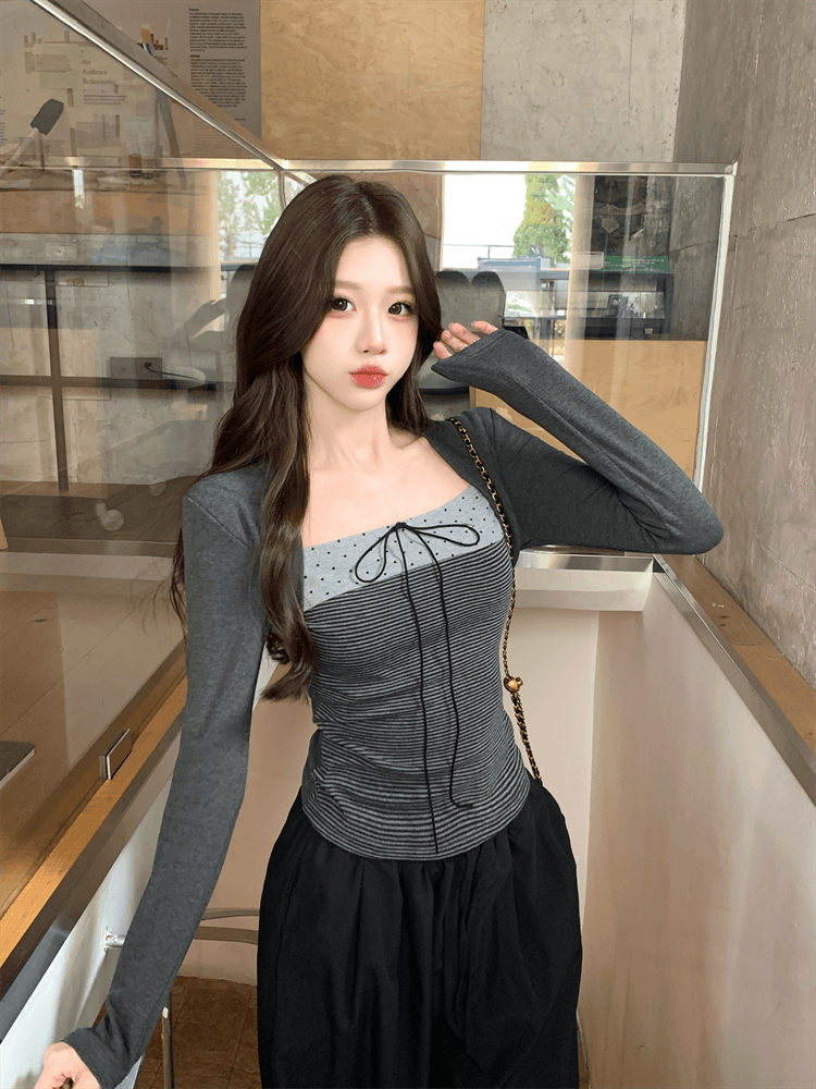 실사 핫걸 한 부서 배색 나비 넥타이 도트 무늬 요소 어깨 페이크 레이어드 맨위 티셔츠 여성 상세 이미지 2