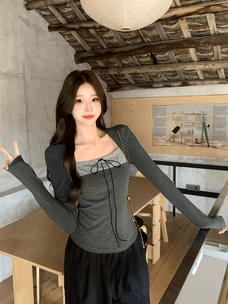 실사 핫걸 한 부서 배색 나비 넥타이 도트 무늬 요소 어깨 페이크 레이어드 맨위 티셔츠 여성 상세 이미지 6