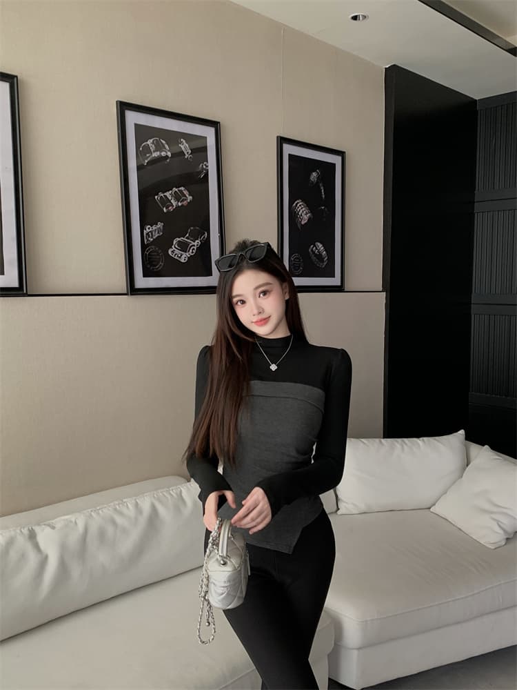 실사 2026 새로운 빛 럭셔리 바람이 아닙니다. 규칙 패치워크 허리 수축 페이크 레이어드 티셔츠 여성 이미지 4