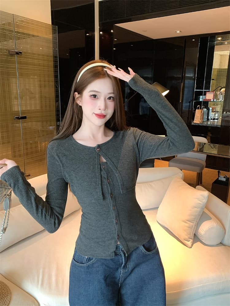 순수한 욕망 바람 숄 페이크 레이어드 디자인 센스 핫걸 긴팔 봄 새로운 섹시함 몸매 가꾸기 슬림해 보이는 맨위