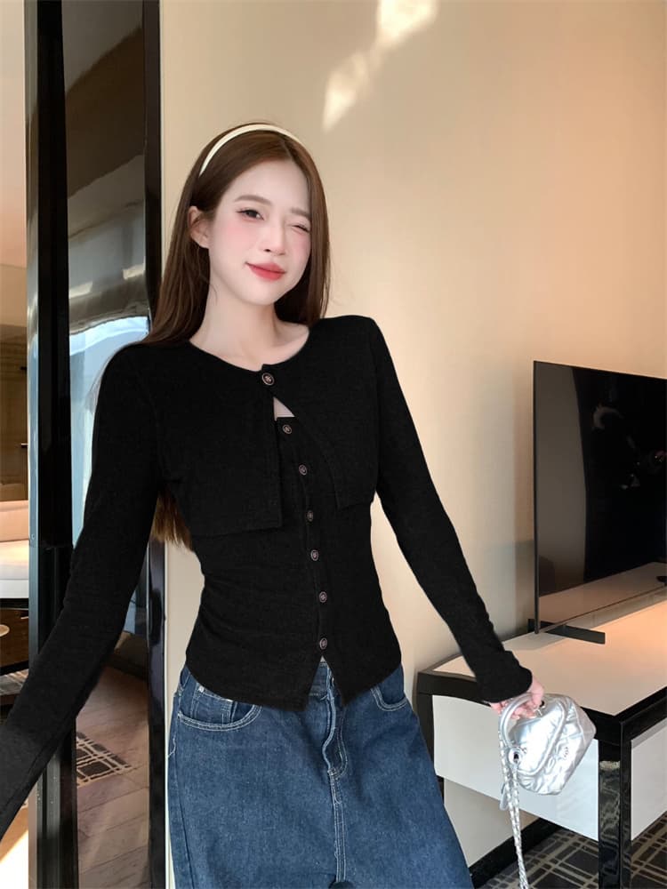 순수한 욕망 바람 숄 페이크 레이어드 디자인 센스 핫걸 긴팔 봄 새로운 섹시함 몸매 가꾸기 슬림해 보이는 맨위 상세 이미지 3