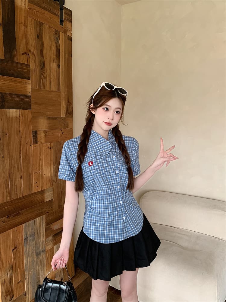 실사 2026 새로운 여름 새로운 비스듬한 칼라 격자 무늬 셔츠