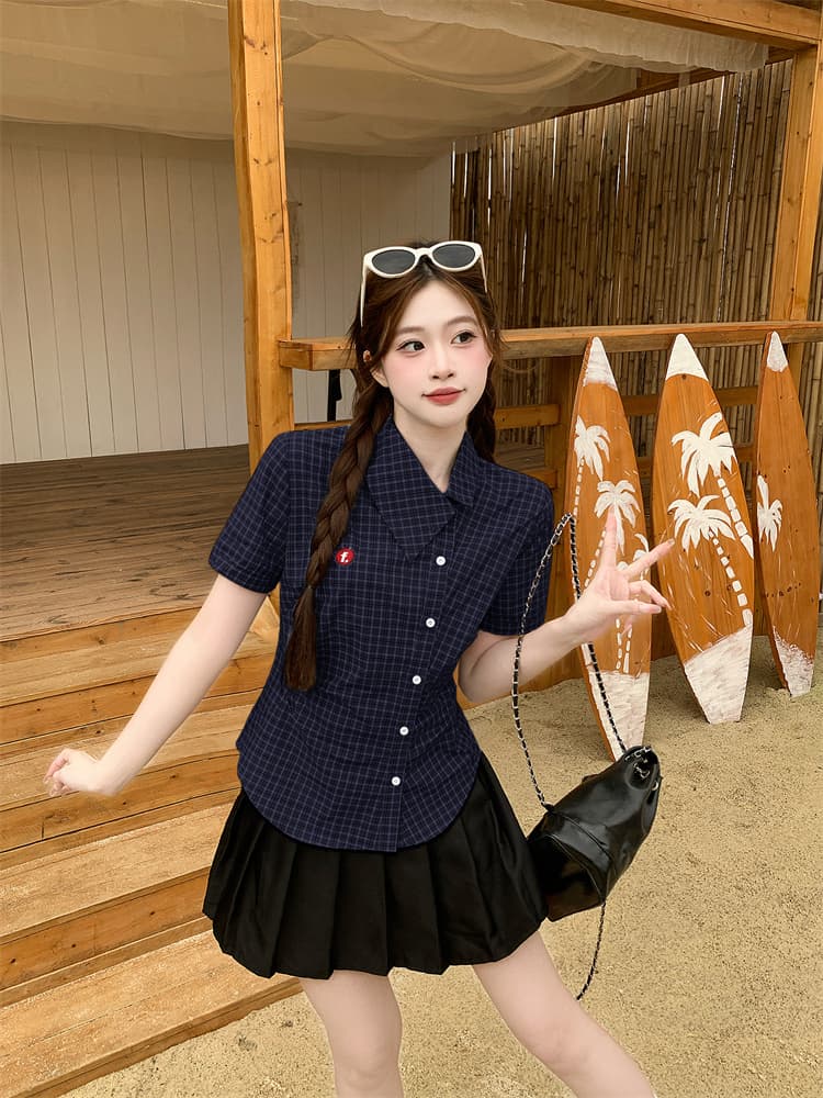 실사 2026 새로운 여름 새로운 비스듬한 칼라 격자 무늬 셔츠 이미지 2