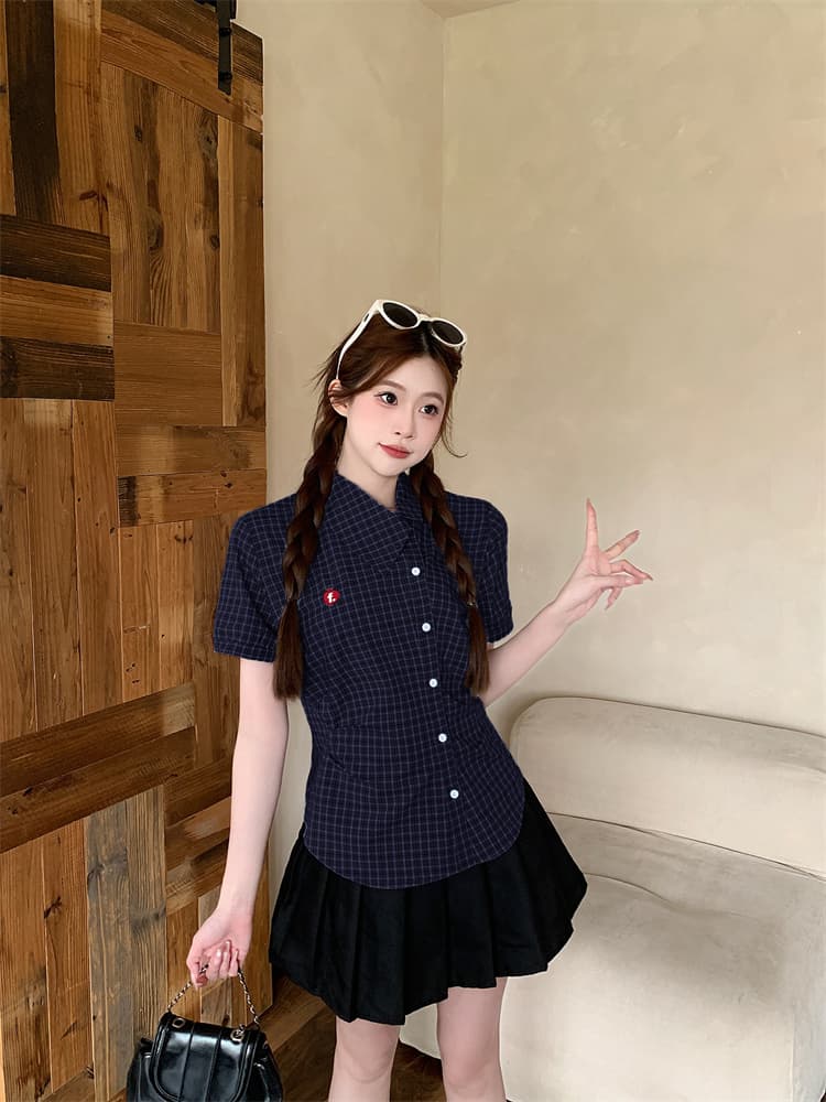 실사 2026 새로운 여름 새로운 비스듬한 칼라 격자 무늬 셔츠 상세 이미지 5