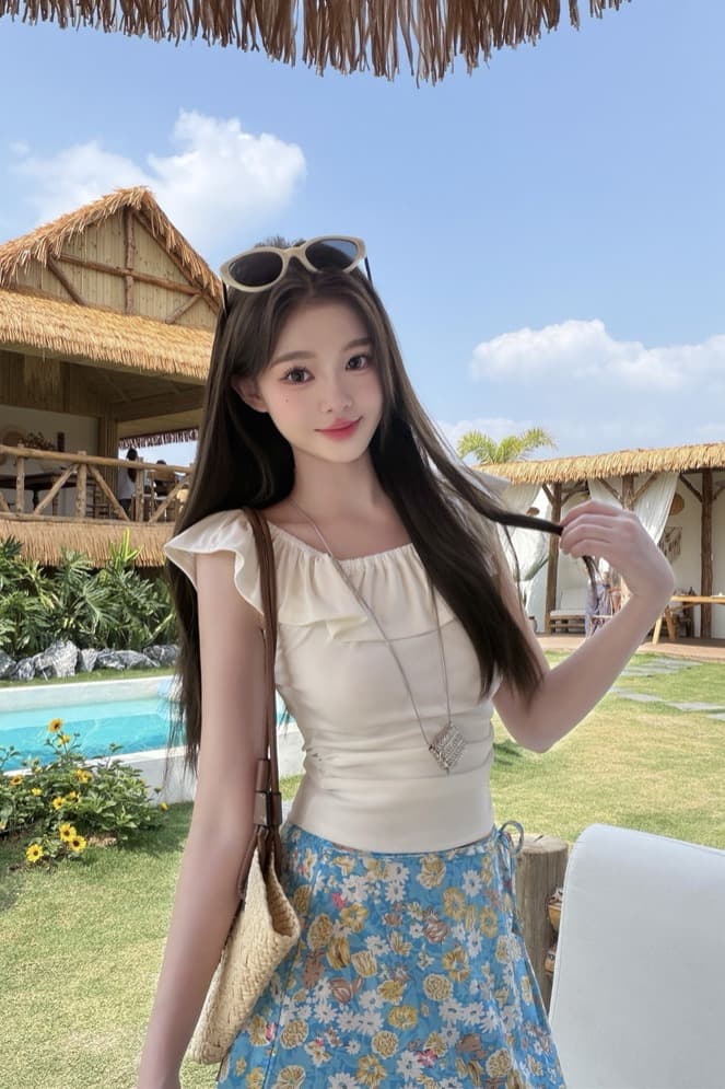 빅 사이즈 통통한 여동생 순수한 욕망 프릴 오프숄더 반팔 맨위 여성 여름 꽃무늬 반신 스커트 휴가 바람 세트 이미지 5