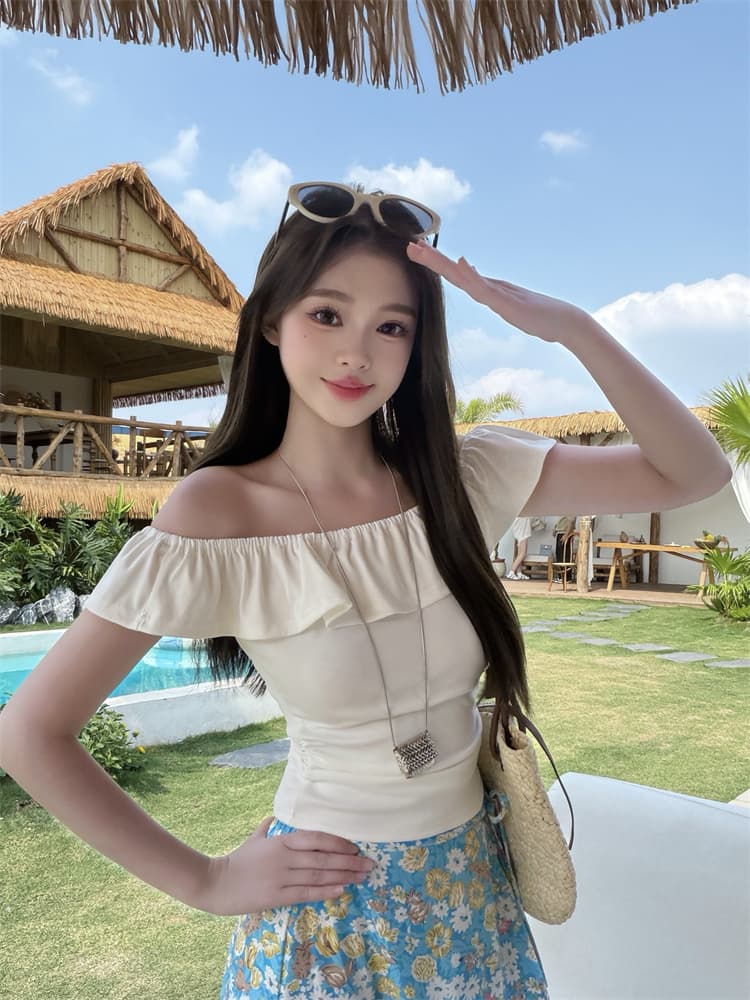 빅 사이즈 통통한 여동생 순수한 욕망 프릴 오프숄더 반팔 맨위 여성 여름 꽃무늬 반신 스커트 휴가 바람 세트 상세 이미지 4
