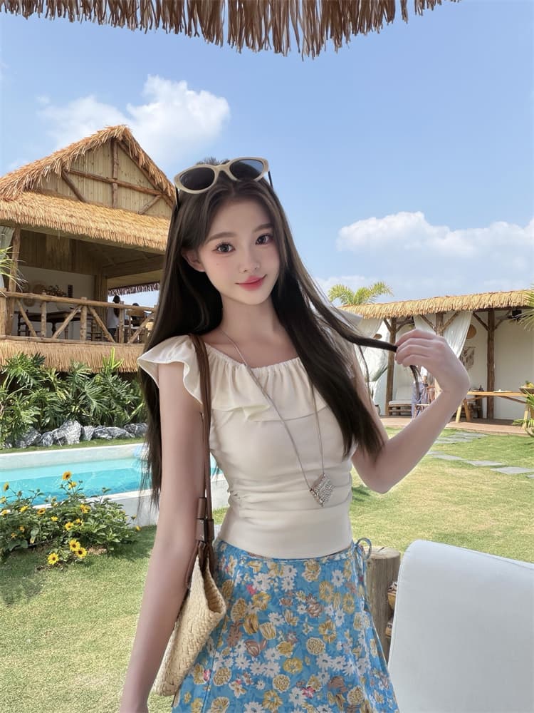 빅 사이즈 통통한 여동생 순수한 욕망 프릴 오프숄더 반팔 맨위 여성 여름 꽃무늬 반신 스커트 휴가 바람 세트 상세 이미지 6