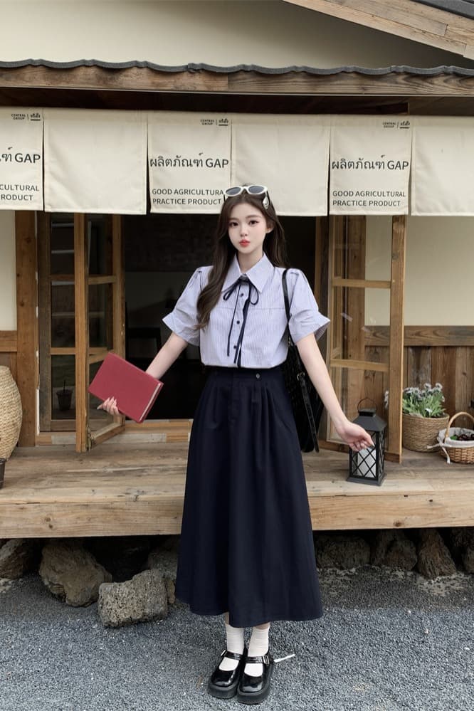 실사 프랑스식 학원 스타일 스트라이프 셔츠 코디 루즈핏 슬림해 보이는 반신 스커트 두 조각 여성 세트 2026 여름 새로운 이미지 5