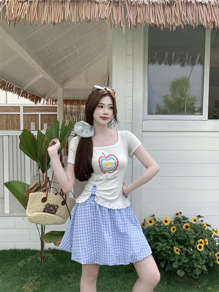 실사 2026 마이크로 지방 mm 프린트 디자인 센스 달콤함 한국 스타일 chic 맨위 미니 스커트 세트 상세 이미지 6