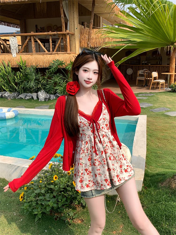 실사 2026 레이스 쇼트 스타일 패션 프린트 일본식 레이스 몸매 가꾸기 슬립 ins 바람 조끼 상세 이미지 2