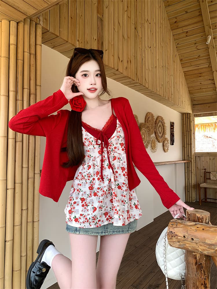실사 2026 레이스 쇼트 스타일 패션 프린트 일본식 레이스 몸매 가꾸기 슬립 ins 바람 조끼 상세 이미지 5