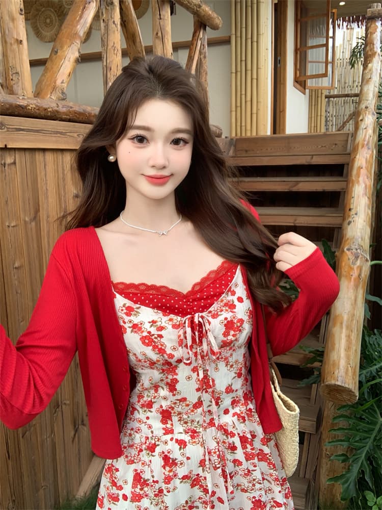 실사 장미 달콤한 자매 세트 빨간색 오픈 가디건 꽃무늬 슬립 드레스 투피스 세트 이미지 3