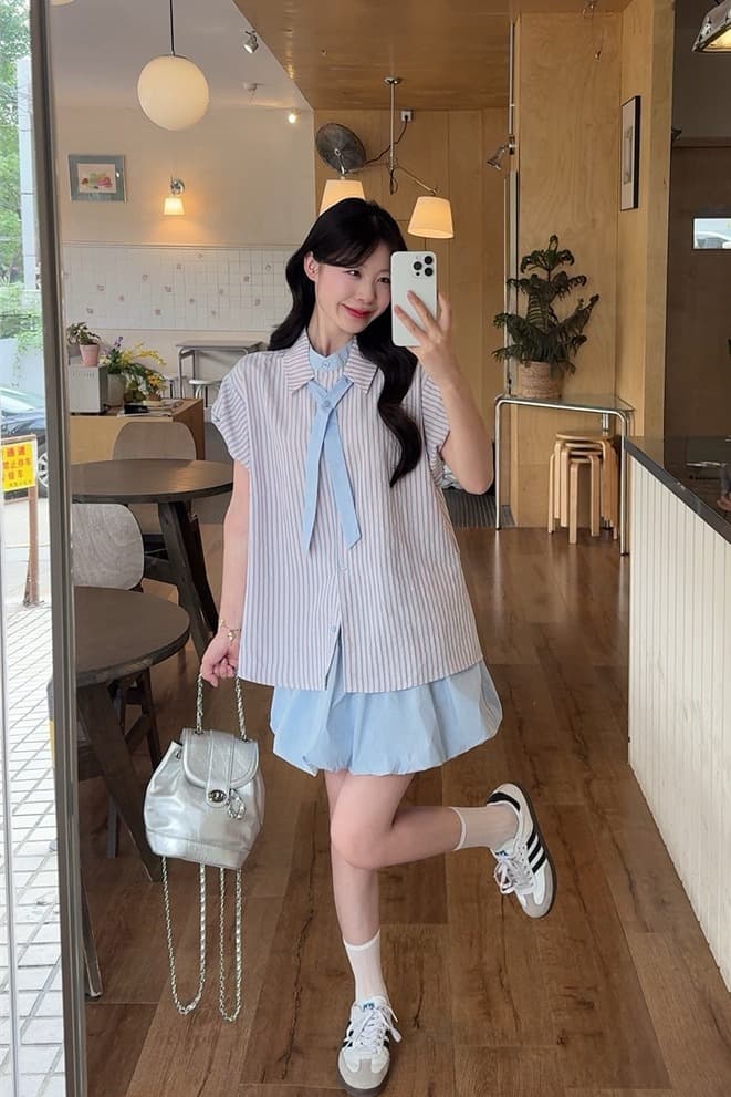 실사 여름 새로운 넥타이 반팔 셔츠 꽃밭 치마 세 조각 세트 이미지 5