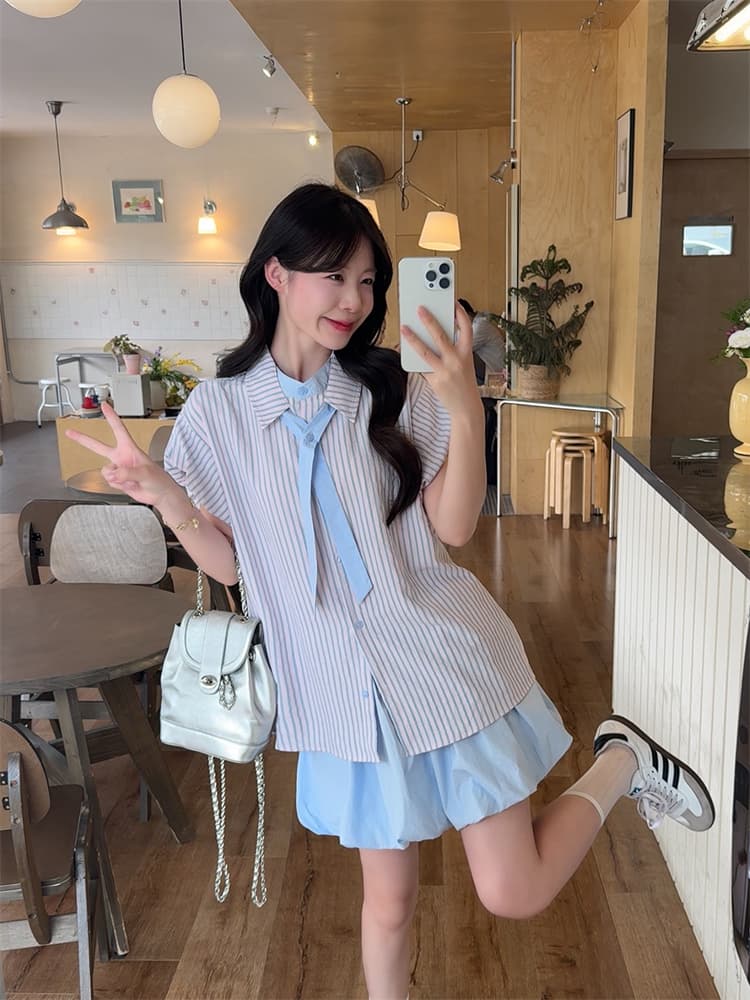 실사 여름 새로운 넥타이 반팔 셔츠 꽃밭 치마 세 조각 세트 상세 이미지 2