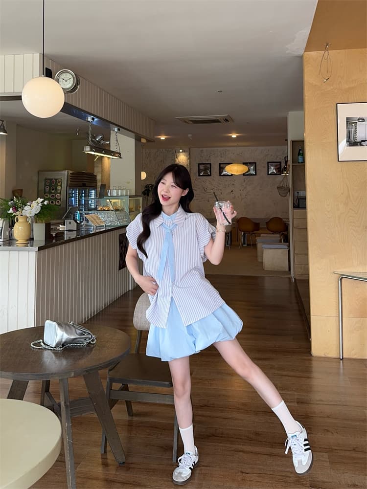 실사 여름 새로운 넥타이 반팔 셔츠 꽃밭 치마 세 조각 세트 상세 이미지 3