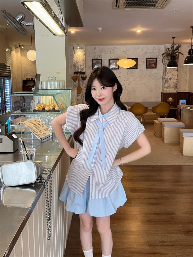 실사 여름 새로운 넥타이 반팔 셔츠 꽃밭 치마 세 조각 세트 이미지 4