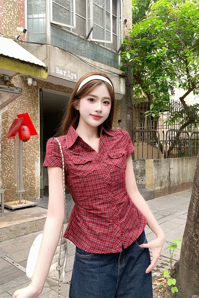 빨간색 체크무늬 긍정적 인 어깨 반팔 여성 셔츠 여름 한 부서 핫걸 꼬집기 허리 몸매 가꾸기 슬림해 보이는 맨위 이미지 6