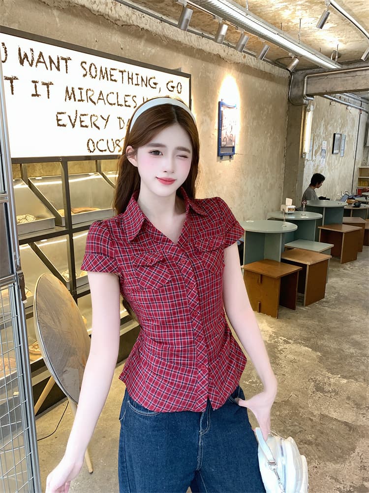빨간색 체크무늬 긍정적 인 어깨 반팔 여성 셔츠 여름 한 부서 핫걸 꼬집기 허리 몸매 가꾸기 슬림해 보이는 맨위 상세 이미지 2