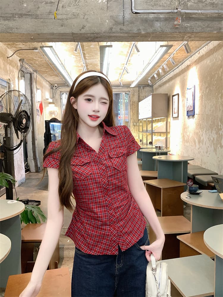 빨간색 체크무늬 긍정적 인 어깨 반팔 여성 셔츠 여름 한 부서 핫걸 꼬집기 허리 몸매 가꾸기 슬림해 보이는 맨위 상세 이미지 3