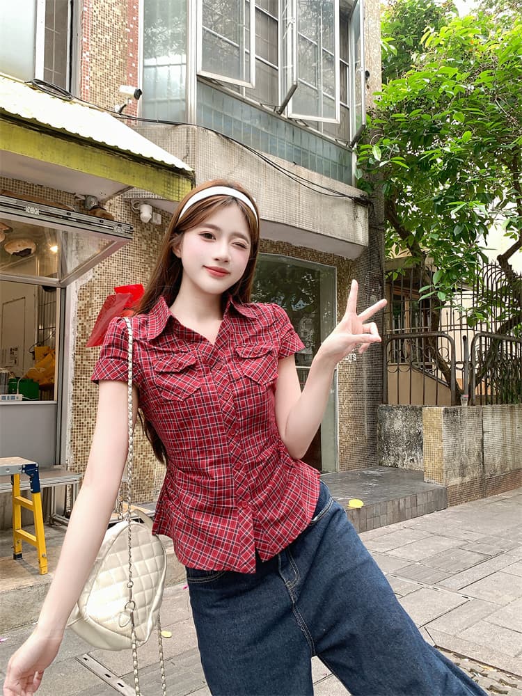 빨간색 체크무늬 긍정적 인 어깨 반팔 여성 셔츠 여름 한 부서 핫걸 꼬집기 허리 몸매 가꾸기 슬림해 보이는 맨위 상세 이미지 4
