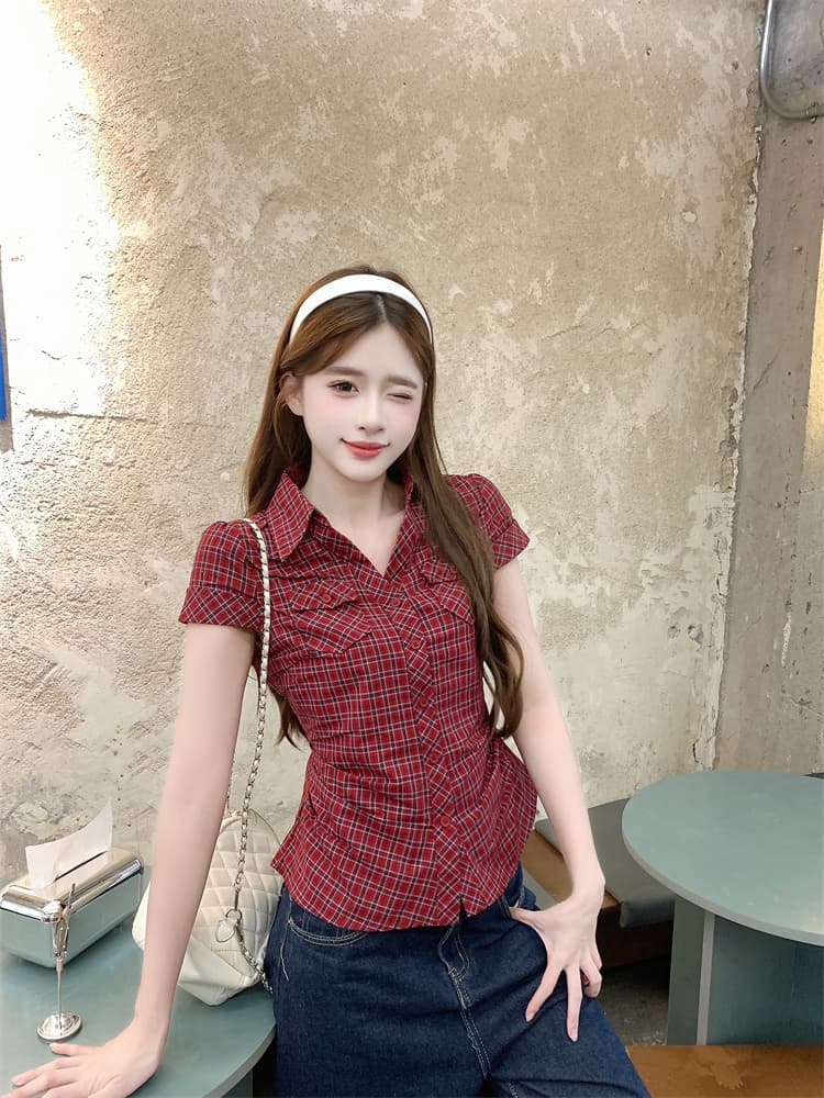 빨간색 체크무늬 긍정적 인 어깨 반팔 여성 셔츠 여름 한 부서 핫걸 꼬집기 허리 몸매 가꾸기 슬림해 보이는 맨위 상세 이미지 5