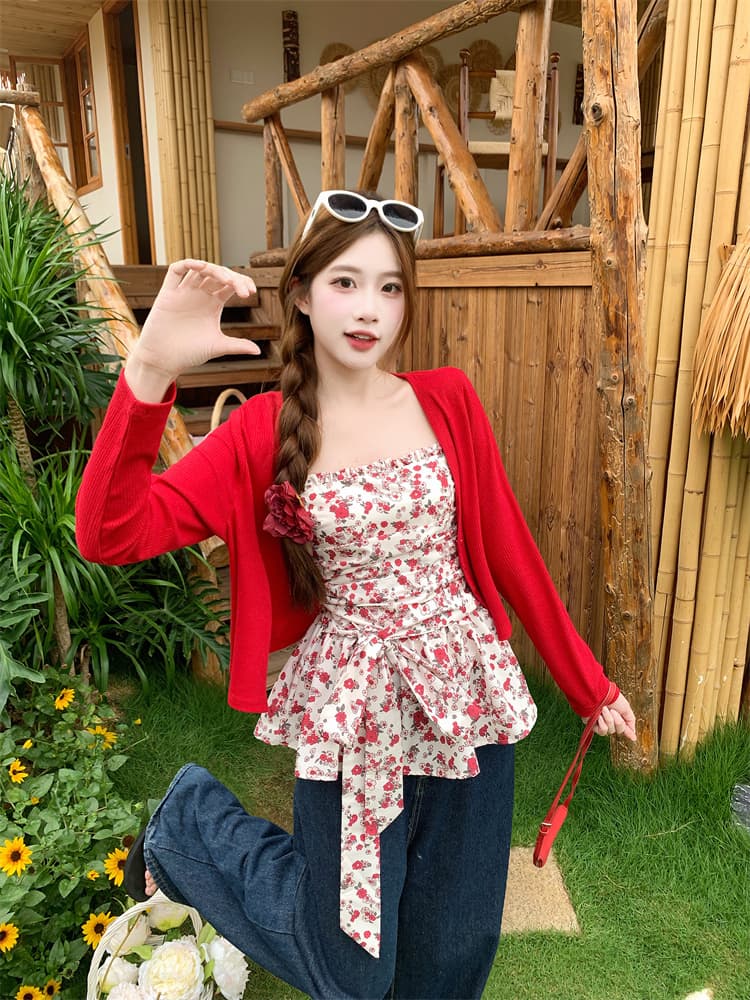실사 2026 프랑스식 레트로 꽃무늬 튜브탑 슬립 니트 오픈 가디건 세트 여성 여름 슬림해 보이는 투피스 슈트 이미지 2