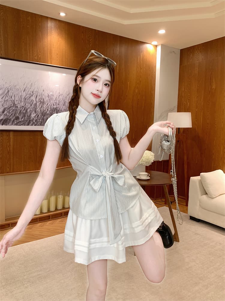 한 부서 레트로 스트라이프 반팔 셔츠 여자 얇은 스타일 새로운 여성 여름 느긋한 허리 수축 POLO 칼라 단추 맨위 이미지 3