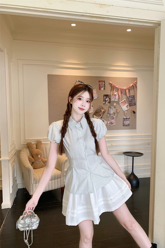 한 부서 레트로 스트라이프 반팔 셔츠 여자 얇은 스타일 새로운 여성 여름 느긋한 허리 수축 POLO 칼라 단추 맨위 이미지 5