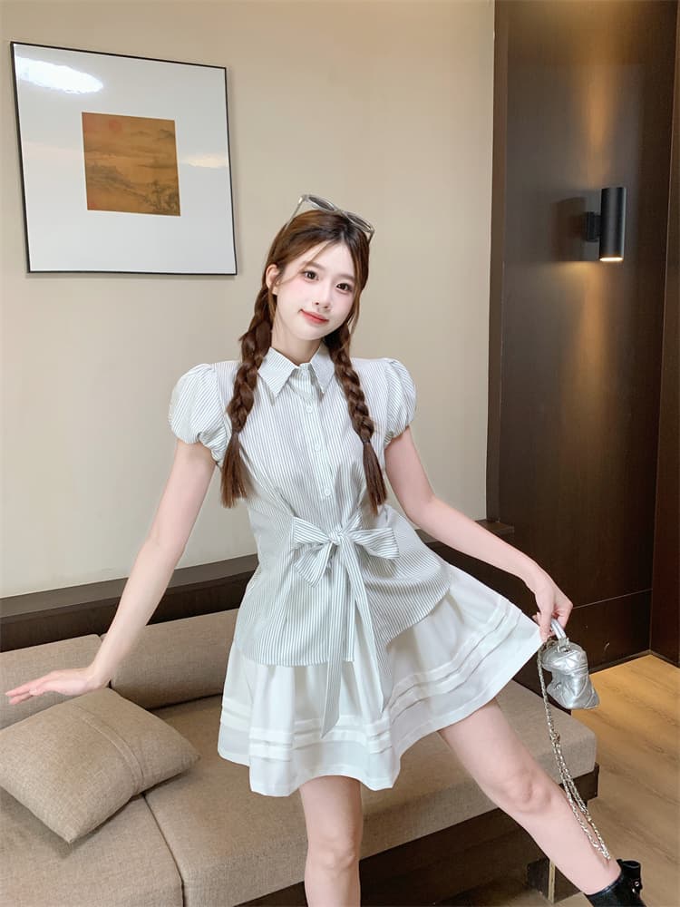 한 부서 레트로 스트라이프 반팔 셔츠 여자 얇은 스타일 새로운 여성 여름 느긋한 허리 수축 POLO 칼라 단추 맨위 상세 이미지 3