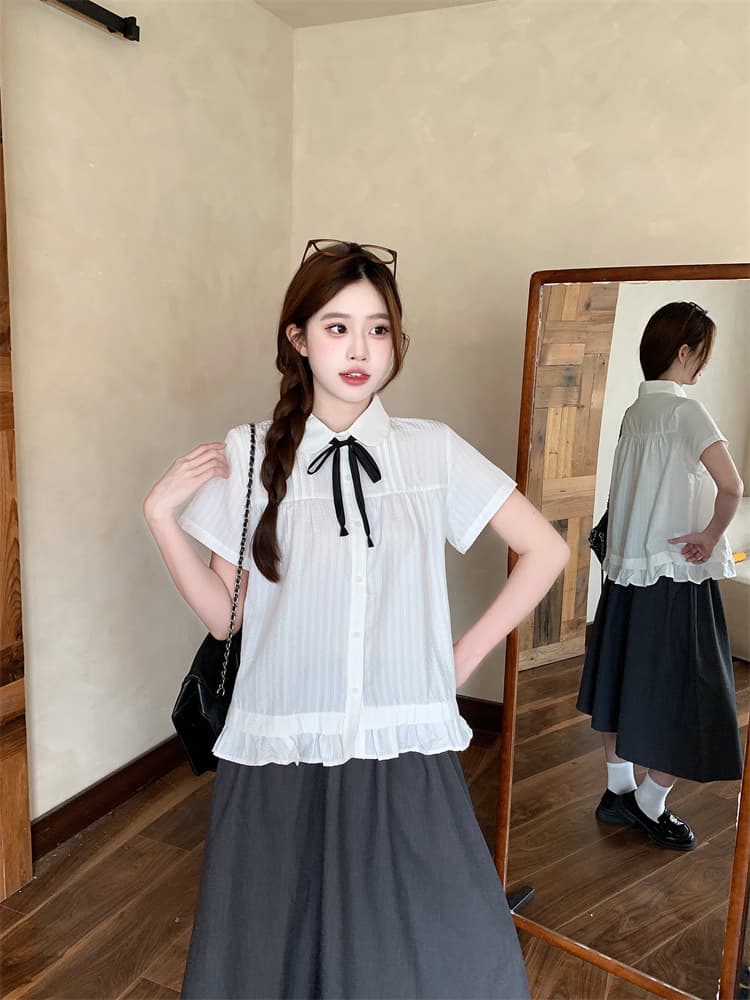 실사 2026 일본식 스트라이프 레이스 패치워크 루즈핏 폴로 칼라 반팔 셔츠 상세 이미지 3