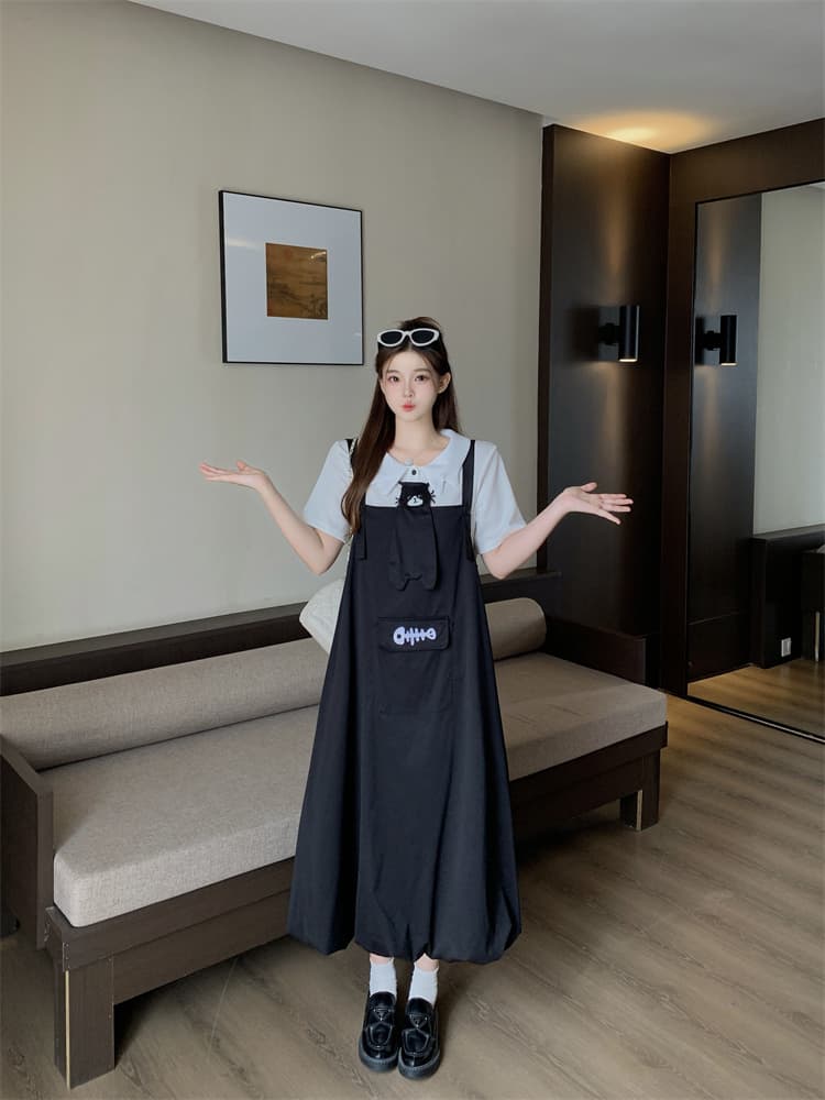 실사 빅 사이즈 달콤함 자수 루즈핏 꽃밭 치마 드레스 학원 스타일 반팔 맨위 세트 이미지 4