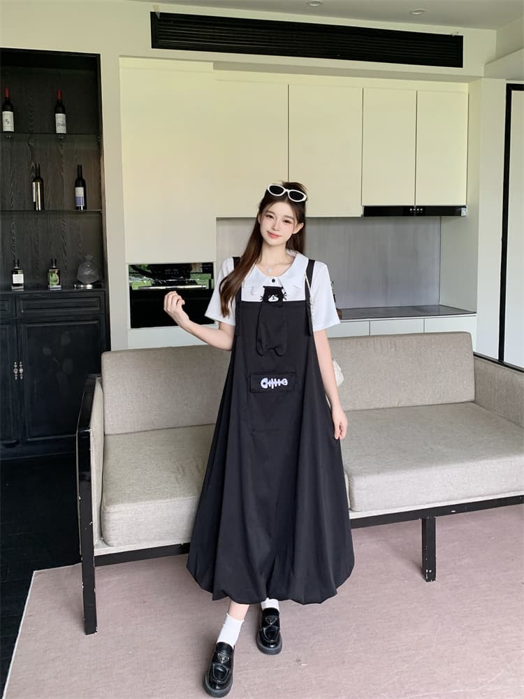 실사 빅 사이즈 달콤함 자수 루즈핏 꽃밭 치마 드레스 학원 스타일 반팔 맨위 세트 이미지 2