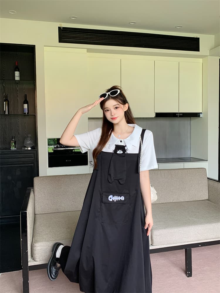 실사 빅 사이즈 달콤함 자수 루즈핏 꽃밭 치마 드레스 학원 스타일 반팔 맨위 세트 상세 이미지 5