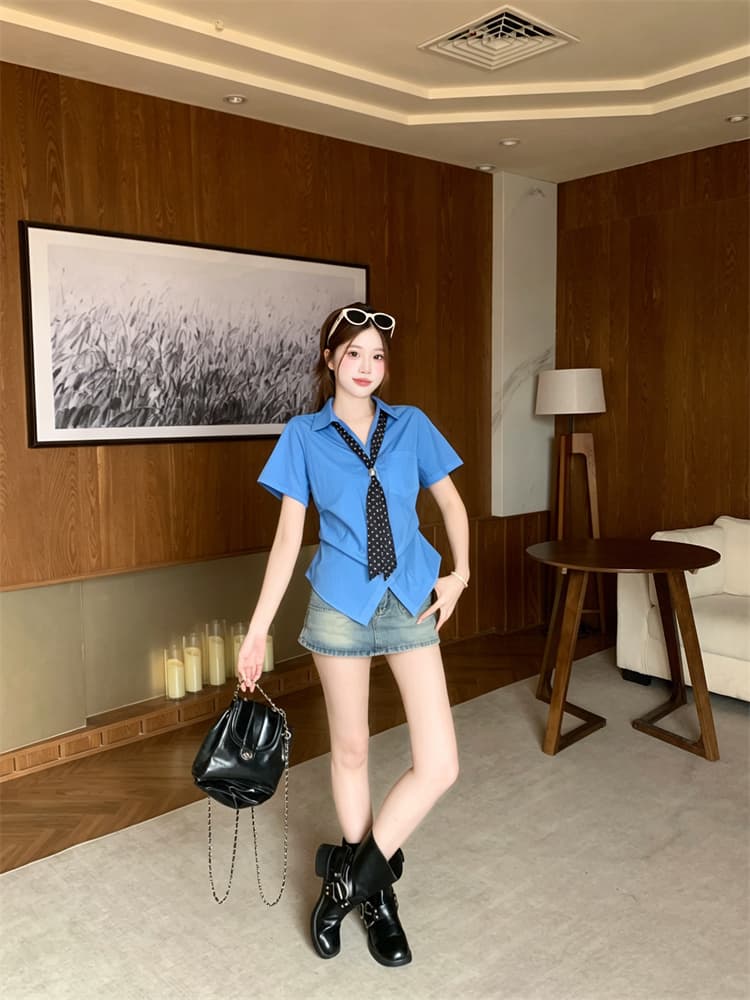 실사 2026 도트 무늬 리본 섹션 반팔 셔츠 핀치 Pleat 맨위 빅 사이즈 여성 의류 슬림해 보이는 셔츠