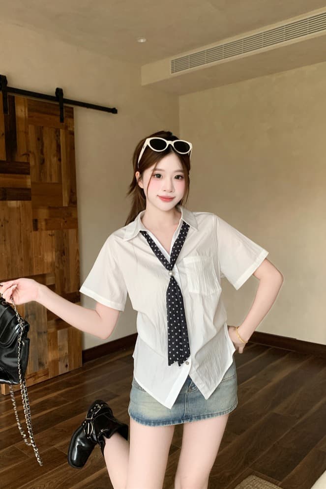 실사 2026 도트 무늬 리본 섹션 반팔 셔츠 핀치 Pleat 맨위 빅 사이즈 여성 의류 슬림해 보이는 셔츠 이미지 5