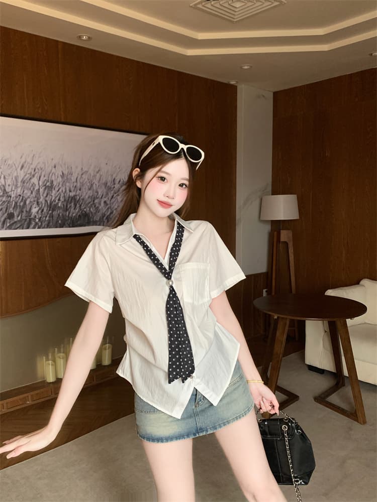 실사 2026 도트 무늬 리본 섹션 반팔 셔츠 핀치 Pleat 맨위 빅 사이즈 여성 의류 슬림해 보이는 셔츠 상세 이미지 2