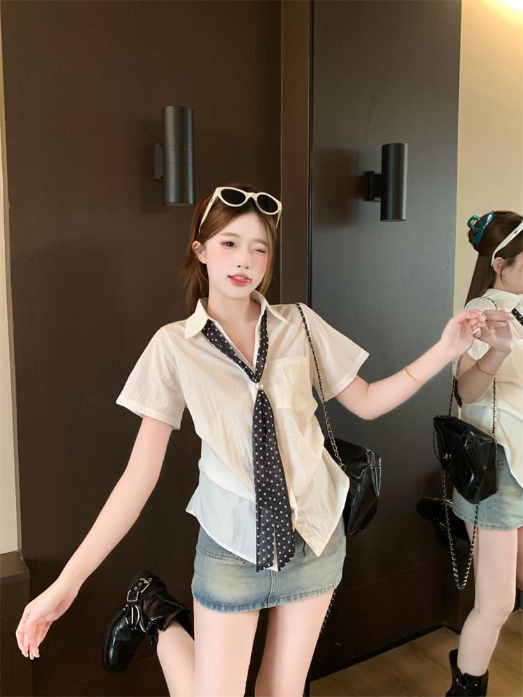 실사 2026 도트 무늬 리본 섹션 반팔 셔츠 핀치 Pleat 맨위 빅 사이즈 여성 의류 슬림해 보이는 셔츠 상세 이미지 4