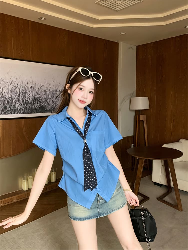 실사 2026 도트 무늬 리본 섹션 반팔 셔츠 핀치 Pleat 맨위 빅 사이즈 여성 의류 슬림해 보이는 셔츠 상세 이미지 5