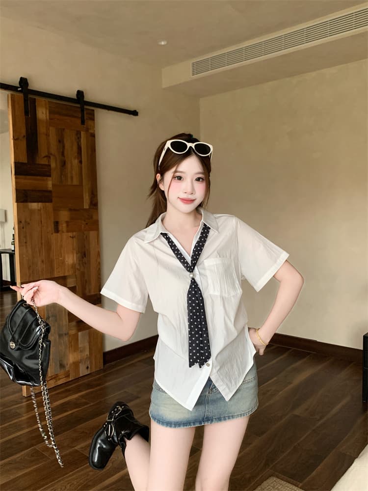 실사 2026 도트 무늬 리본 섹션 반팔 셔츠 핀치 Pleat 맨위 빅 사이즈 여성 의류 슬림해 보이는 셔츠 상세 이미지 6