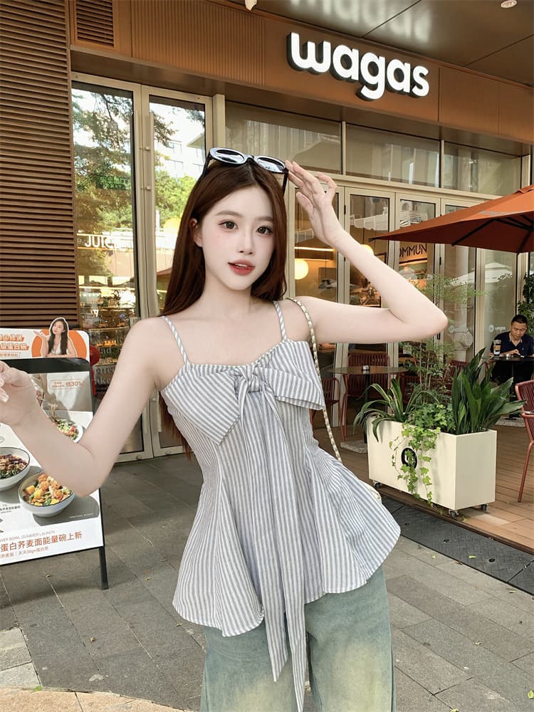 빅 사이즈 통통한 여동생 한 부서 달콤함 스트라이프 나비 매듭 스트랩 슬립 여성 상세 이미지 2