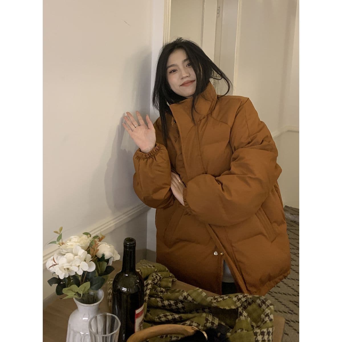 주황색 서브 트리 어디 삽입 어깨 소매 스탠드 칼라 면 의류 두꺼움 여성 코트 겨울 루즈핏 단색 면 옷 상세 이미지 21