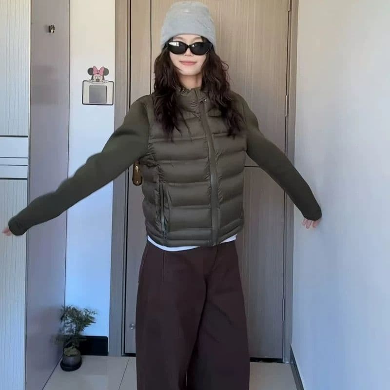 경량 아래 면화 의류 패치워크 후드티 여성 스탠드 칼라 가을 겨울 패션 고급 미니멀리즘 재킷 트렌디 이미지 2