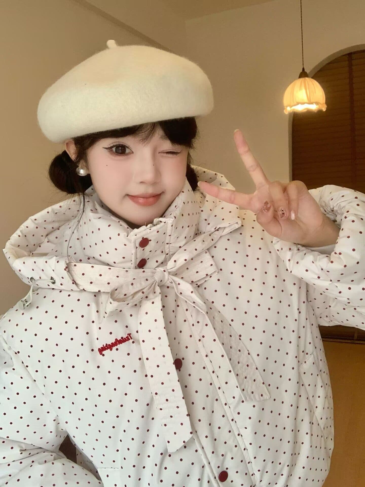 새로운 일본식 학원 스타일 색상 도트 무늬 후드 면 의류 재킷 겨울 고급 두꺼운 보온 패딩 재킷 맨위 상세 이미지 2