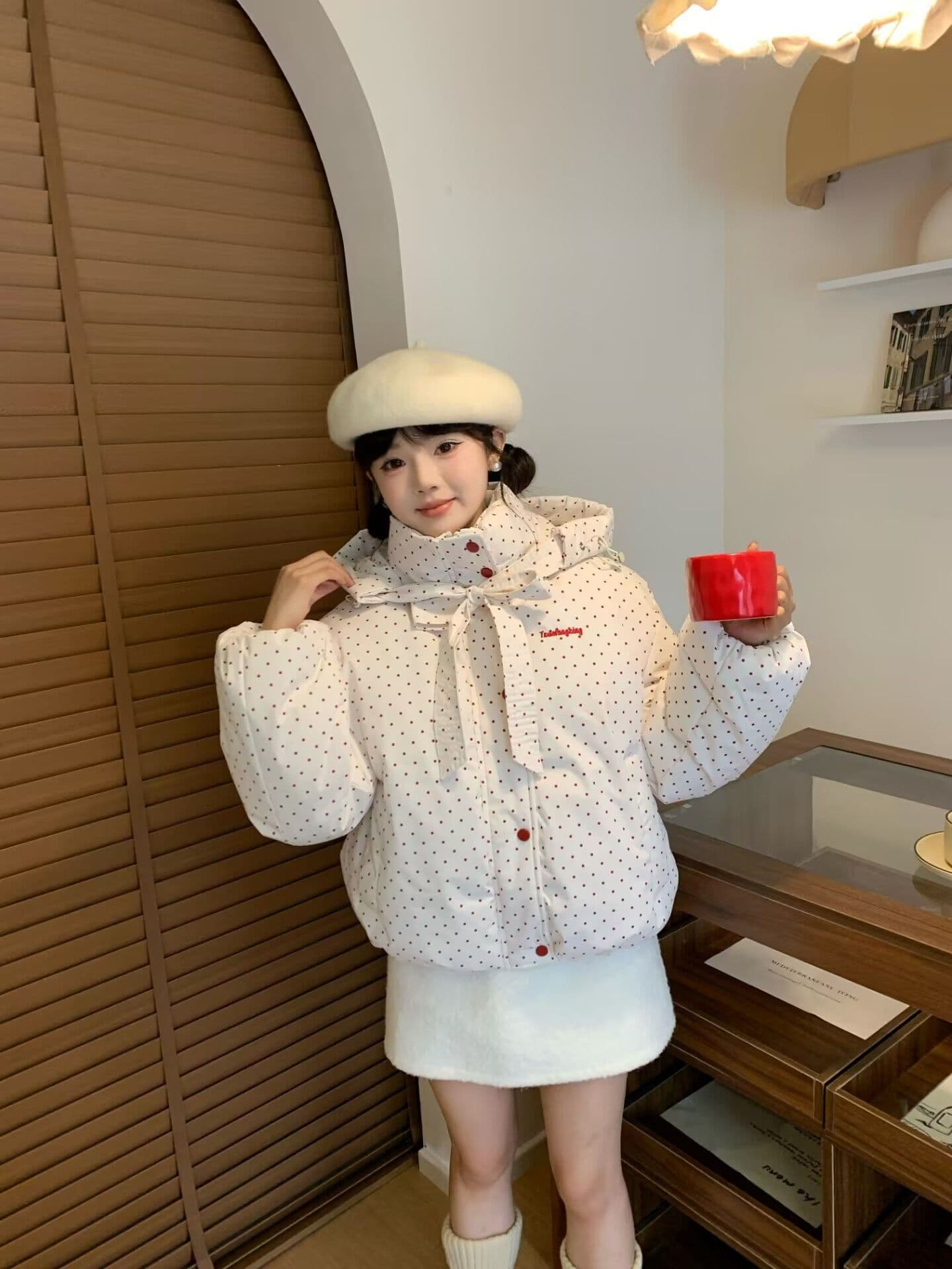 새로운 일본식 학원 스타일 색상 도트 무늬 후드 면 의류 재킷 겨울 고급 두꺼운 보온 패딩 재킷 맨위 상세 이미지 4