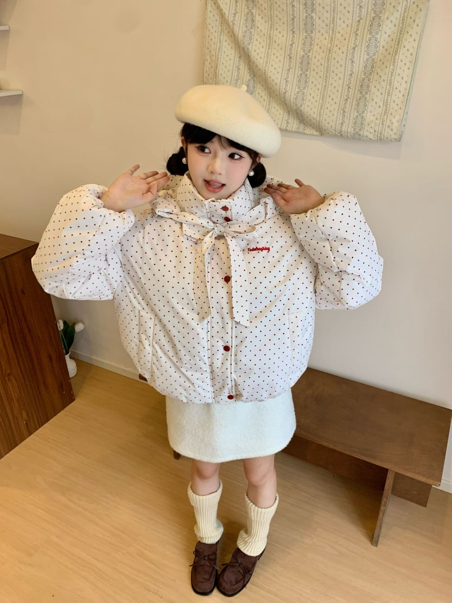 새로운 일본식 학원 스타일 색상 도트 무늬 후드 면 의류 재킷 겨울 고급 두꺼운 보온 패딩 재킷 맨위 상세 이미지 6