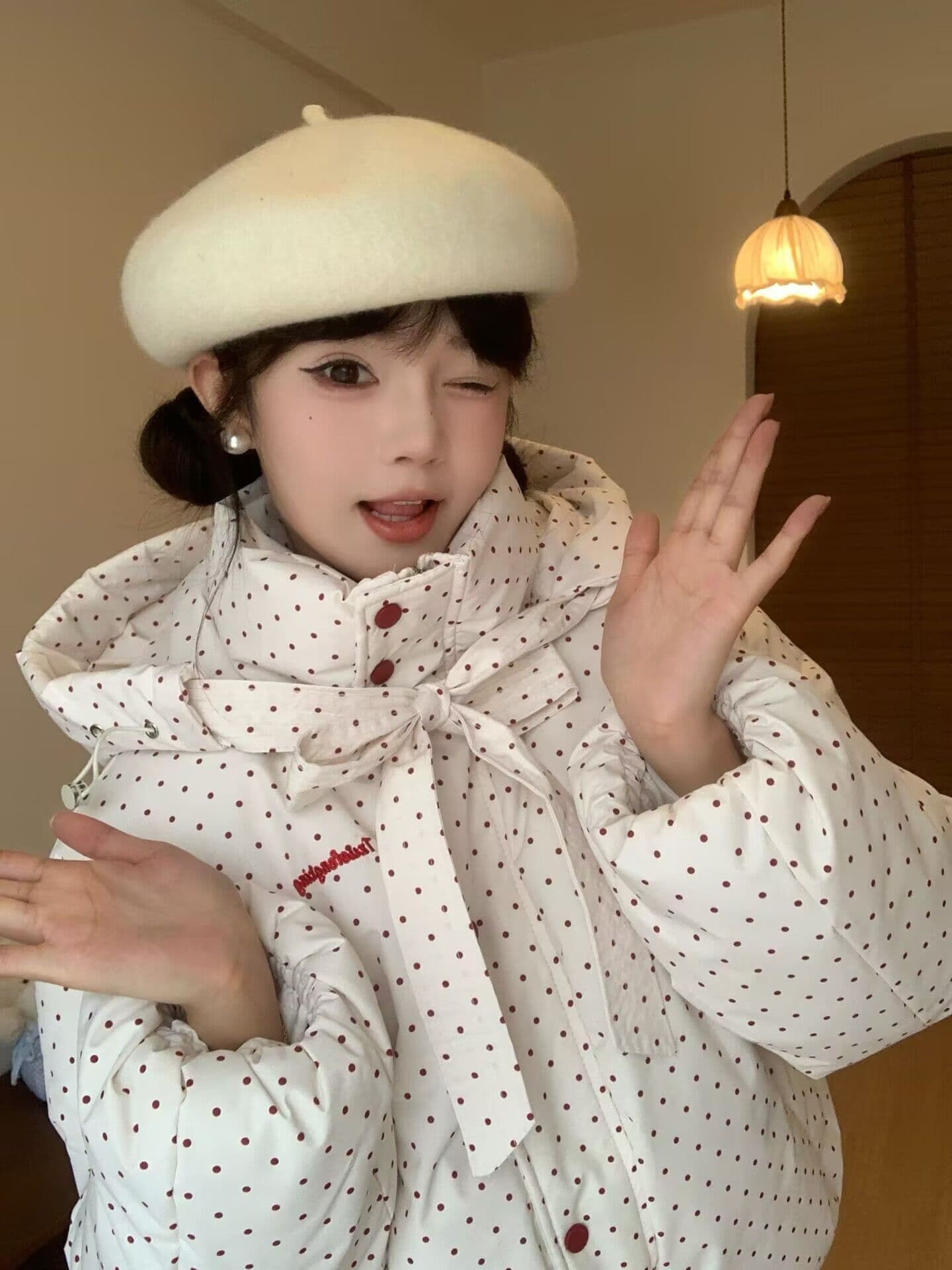 새로운 일본식 학원 스타일 색상 도트 무늬 후드 면 의류 재킷 겨울 고급 두꺼운 보온 패딩 재킷 맨위 상세 이미지 7