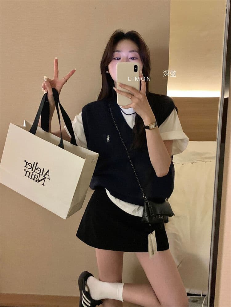 크리스마스 레드 신년 빨간색 작은 말 자수 한 부서 착용 가져 가라. chic Chic 스택 착용 베스트 학원 스타일 맨위 이미지 3