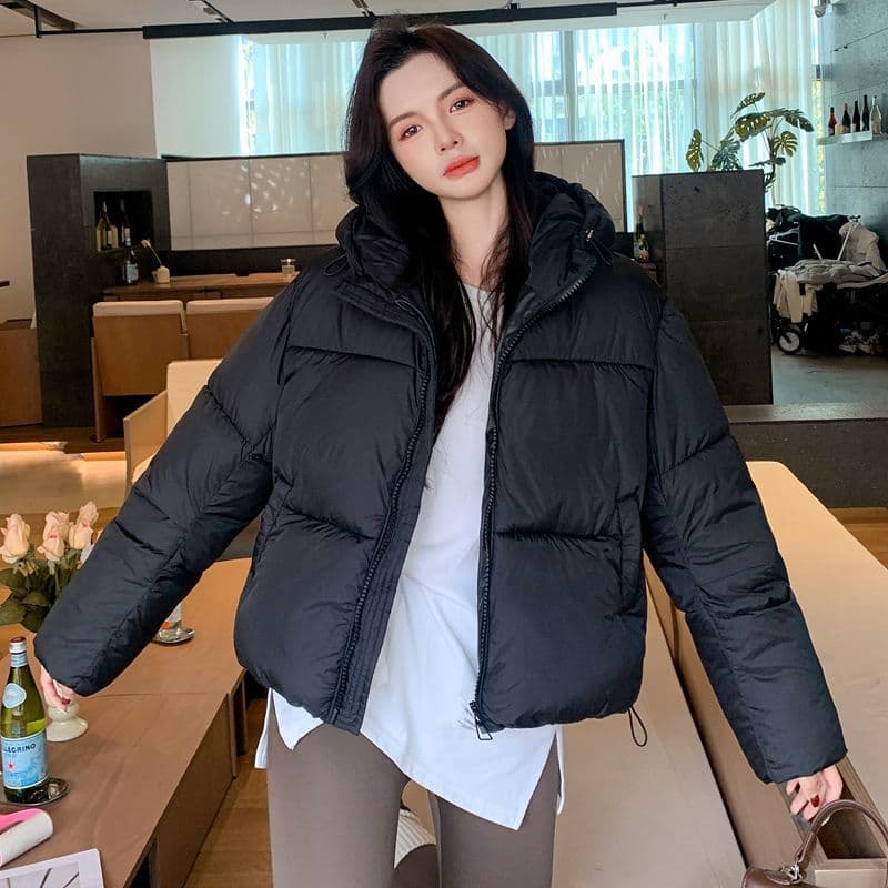 고급 디자인 센스 2025 년 겨울 새로운 한국 스타일 미니멀리즘 캐주얼 패션 쇼트 스타일 후드 면 의류 보온 재킷 이미지 3